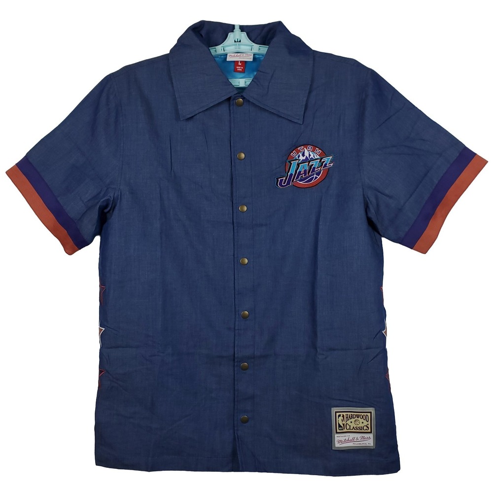 Utah Jazz Mitchell & Ness NBA Large Denim Slub‎ Button Up Shirt Embroidery New
